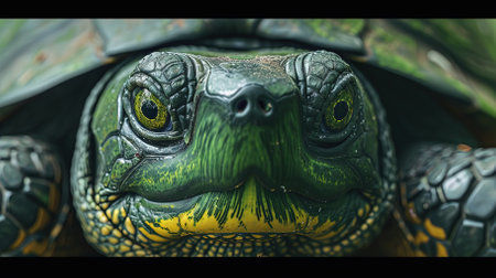 Close up of a tortoise head with big eyes and green bodyの素材