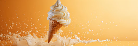 vanilla ice cream in waffle cone with splashes on orange backgroundの素材