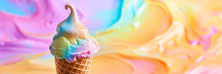 Ice cream in waffle cone on colorful background, panoramic shotの素材