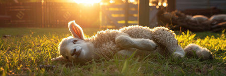 Cute little alpaca lying on the grass in sunset lightの素材