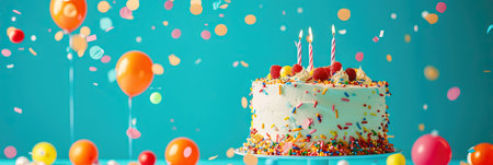 birthday cake with candles and confetti on blue background, bannerの素材