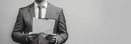 Businessman holding a folder with documents on grey background. Business conceptの素材
