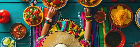 Mexican food concept. Top view of women hands holding colorful bowls with different mexican dishes on turquoise wooden tableの素材