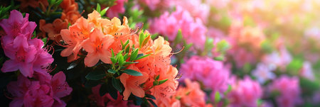 Blooming azalea flowers in spring garden. Floral backgroundの素材