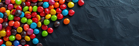 Colorful candies on dark background. Top view, copy spaceの素材