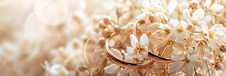 Wedding rings on a background of white flowers. Wedding concept.の素材