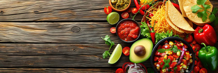 Mexican food ingredients on wooden table, top view. Space for textの素材
