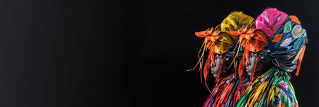Colorful headscarf on black background. Female headdress.の素材