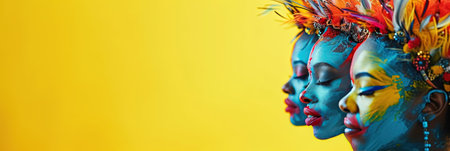 Portrait of a beautiful woman with creative make up on a yellow backgroundの素材