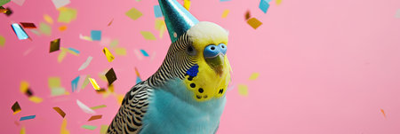 Budgerigar with birthday hat and confetti on pink backgroundの素材