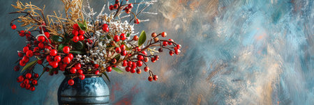 Christmas bouquet of red berries in a vase on a blue backgroundの素材