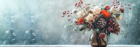 Christmas bouquet in vase on wooden table with snowfall backgroundの素材
