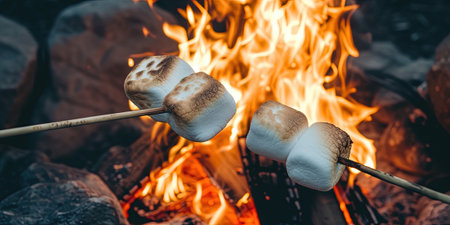 Marshmallows on skewers on the background of a campfireの素材