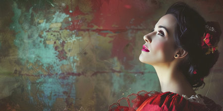 Portrait of beautiful young woman in red dress over grunge backgroundの素材