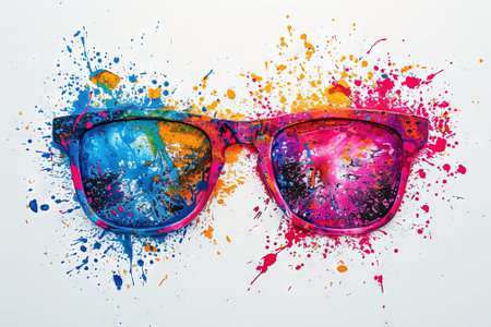 Sunglasses with colorful paint splashes on a white background.の素材