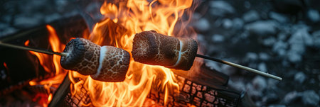 Grilled marshmallows on skewers on the coals of a campfireの素材