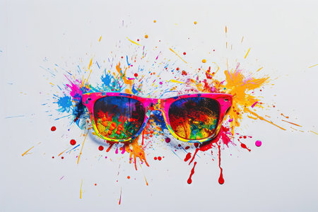 Sunglasses with colorful paint splashes on a white background.の素材