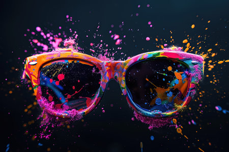 Sunglasses with colorful splashes on black background. 3d renderingの素材
