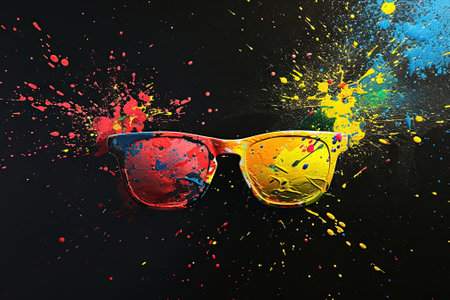 Sunglasses with colorful paint splashes on a black background.の素材