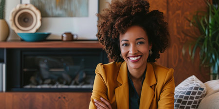 Portrait of beautiful african american woman with afro hairstyle at homeの素材