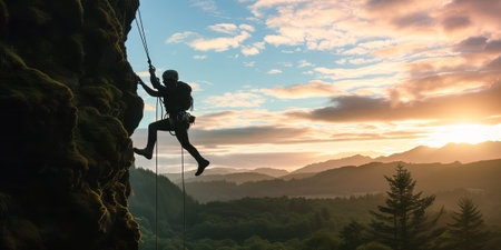 Silhouette of a climber on a cliff with sunset in the backgroundの素材