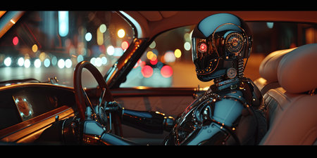 Cyborg driving a car in the night city. 3d renderingの素材