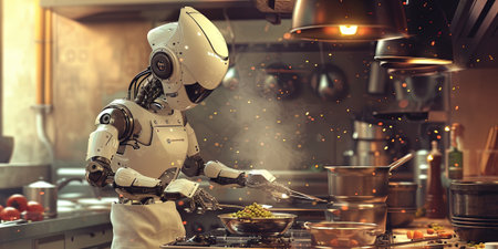 Robot cooking food in the kitchen. 3d rendering. robot cookの素材