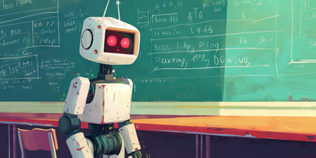 robot in front of a blackboard. 3d rendering.の素材