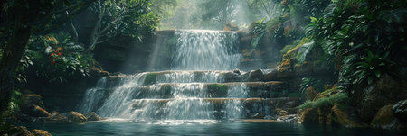 Panorama of a waterfall in a tropical rainforest with green plantsの素材