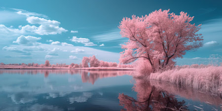 Beautiful spring landscape with a lake, trees and blue sky.の素材