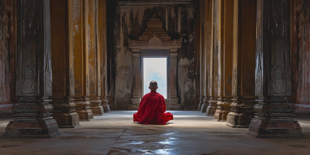 Buddhist monk sitting in front of the door of the templeの素材
