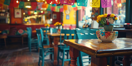 Restaurant with flowers in vase on wooden table, stock photoの素材