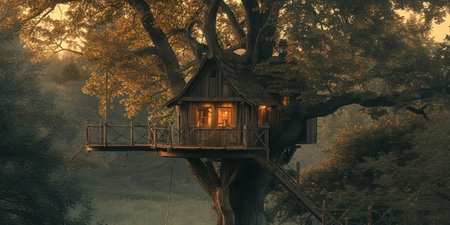 Old wooden house on a tree in the forest. 3d renderの素材