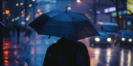 Young man with umbrella in the rain at night. Shallow depth of fieldの素材