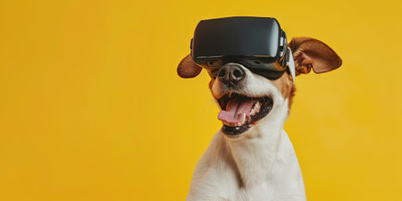 Jack russell terrier dog in virtual reality headset. Isolated on yellow background.の素材