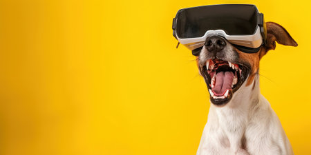 Jack russell terrier dog in virtual reality glasses on a yellow backgroundの素材