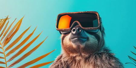 Funny sloth with glasses and palm leaf on blue background.の素材
