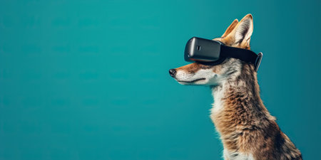 Cute fox wearing virtual reality headset on blue background with copy spaceの素材