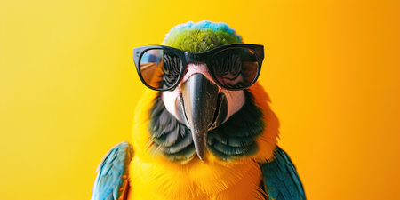 Portrait of a parrot with sunglasses on a yellow background.の素材