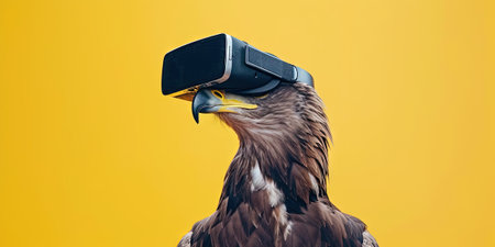 Eagle wearing virtual reality goggles on a yellow background. 3d renderingの素材
