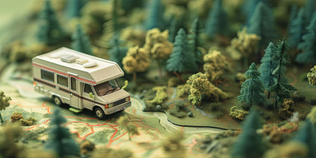 Campervan on a map of the forest. Travel concept.の素材