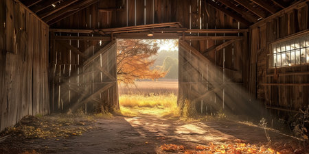 Old wooden barn in the autumn with sunlight and fog. 3d renderの素材
