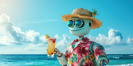 3d rendering of a cute little boy with a cocktail on the beachの素材