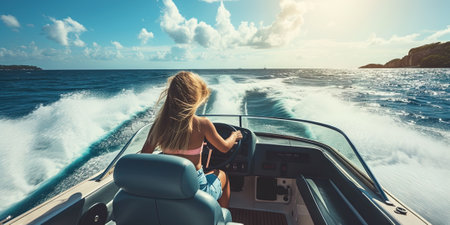 Young woman driving a motor boat on a sunny day in the tropicsの素材