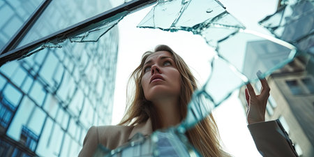 Young business woman looking through broken glass in office building. Business conceptの素材