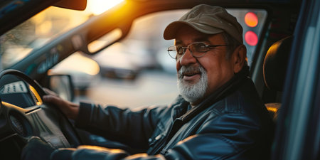 Portrait of senior man driving his car and smiling at camera.の素材