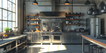 3d Illustration of a modern kitchen in a loft with a beautiful designの素材