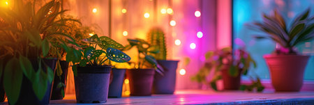 Houseplants in pots on a windowsill at night. Selective focus.の素材