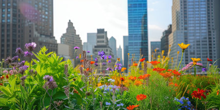 Cityscape of Chicago, Illinois, United States of America with skyscrapers and colorful flowersの素材