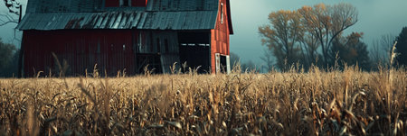 Panoramic view of an old barn in a corn field.の素材